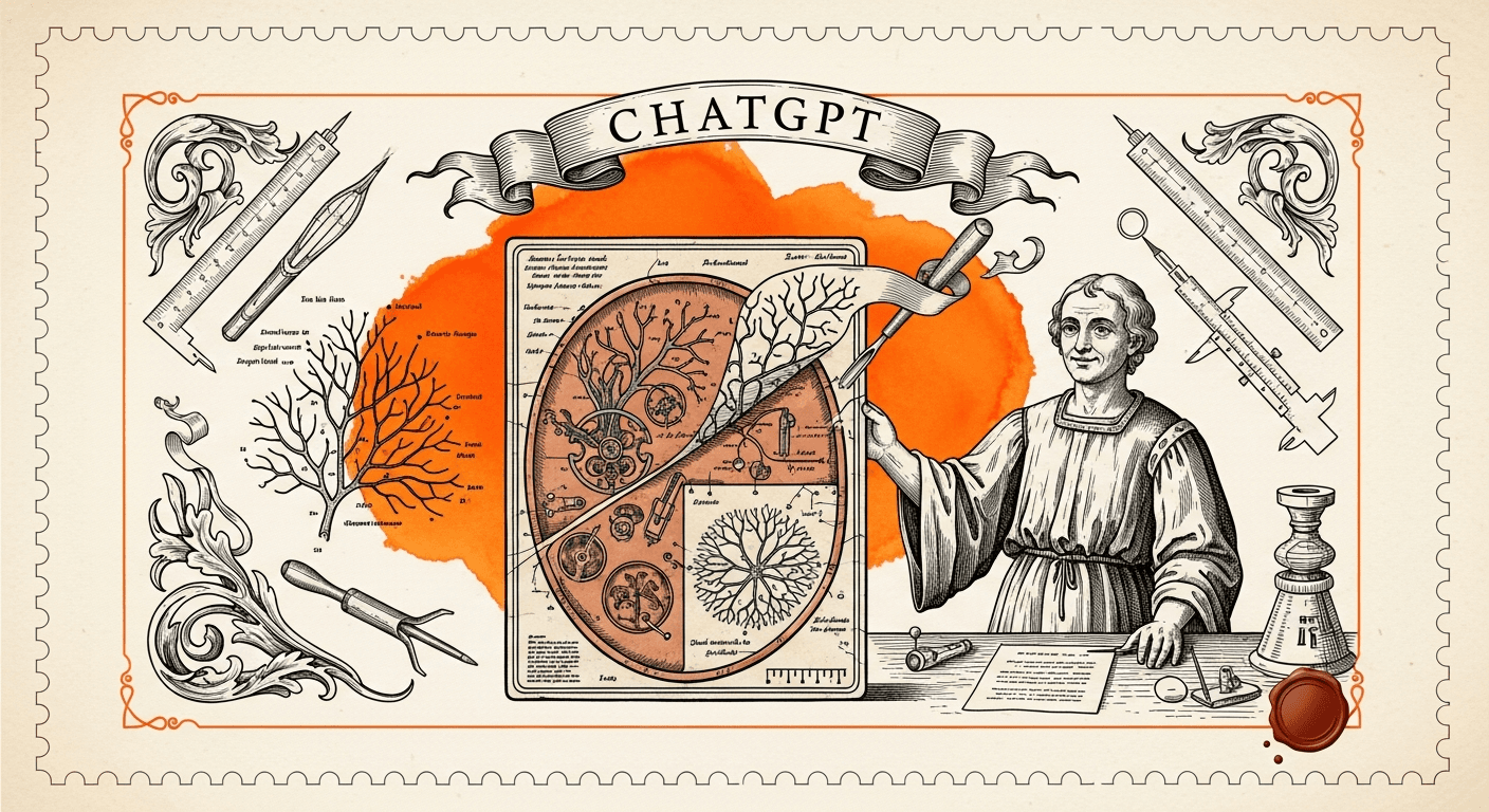 Giant Antique Postage Stamp style editorial illustration for the news article: OpenAI launches ChatGPT Images 2.0 with better text rendering, visual r