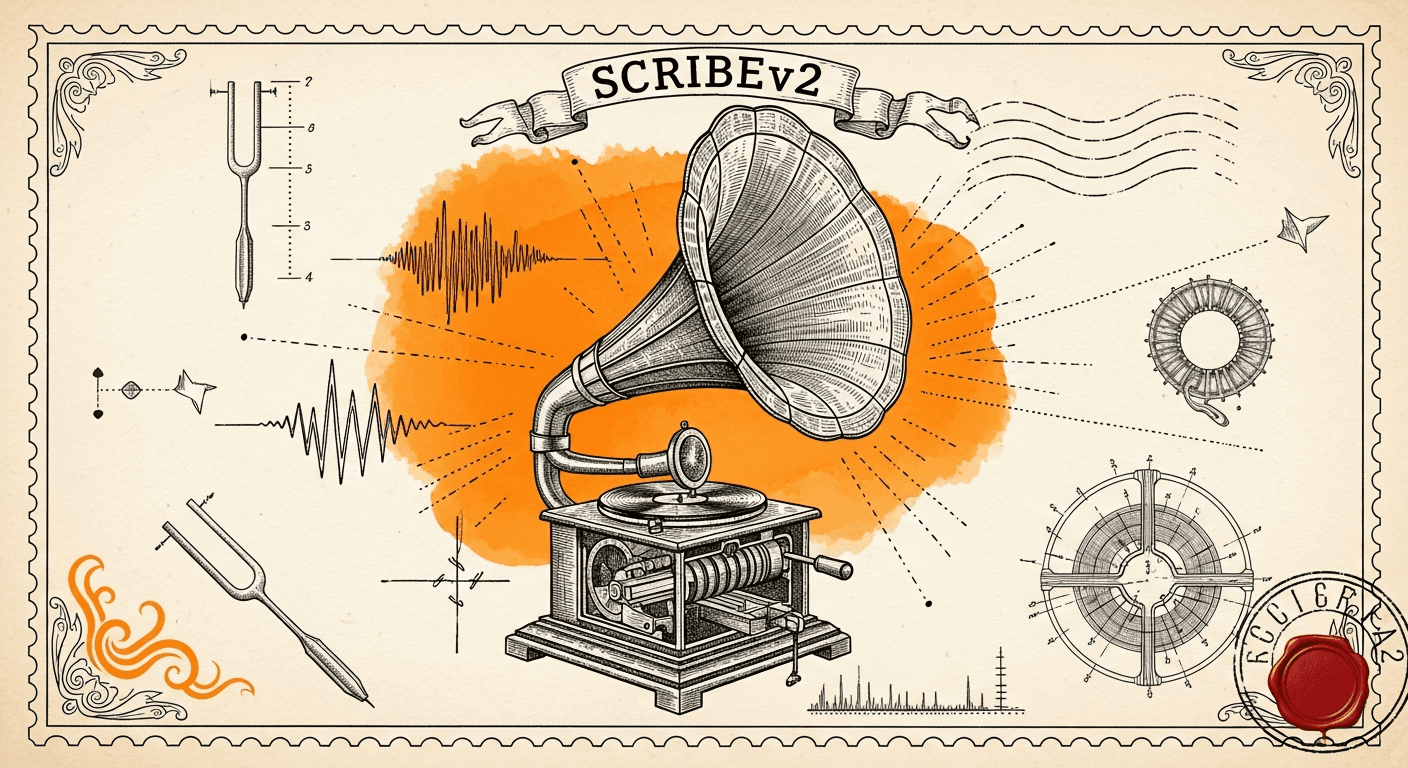 Giant Antique Postage Stamp style editorial illustration for the news article: ElevenLabs Scribe v2 launches on Replicate