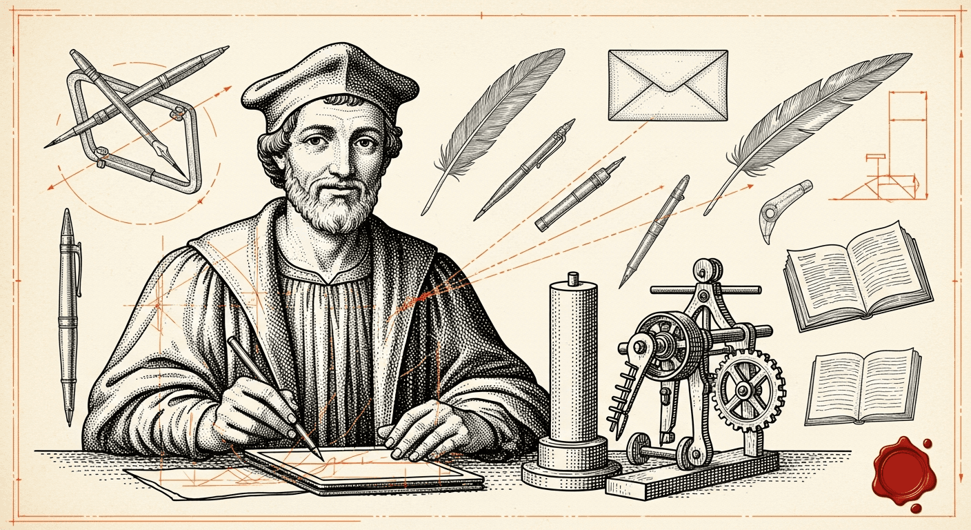 Blueprint Schematic + Renaissance Engraving Subject style editorial illustration for the news article: Cursor iPad and Router releases, Claude Opus 5 