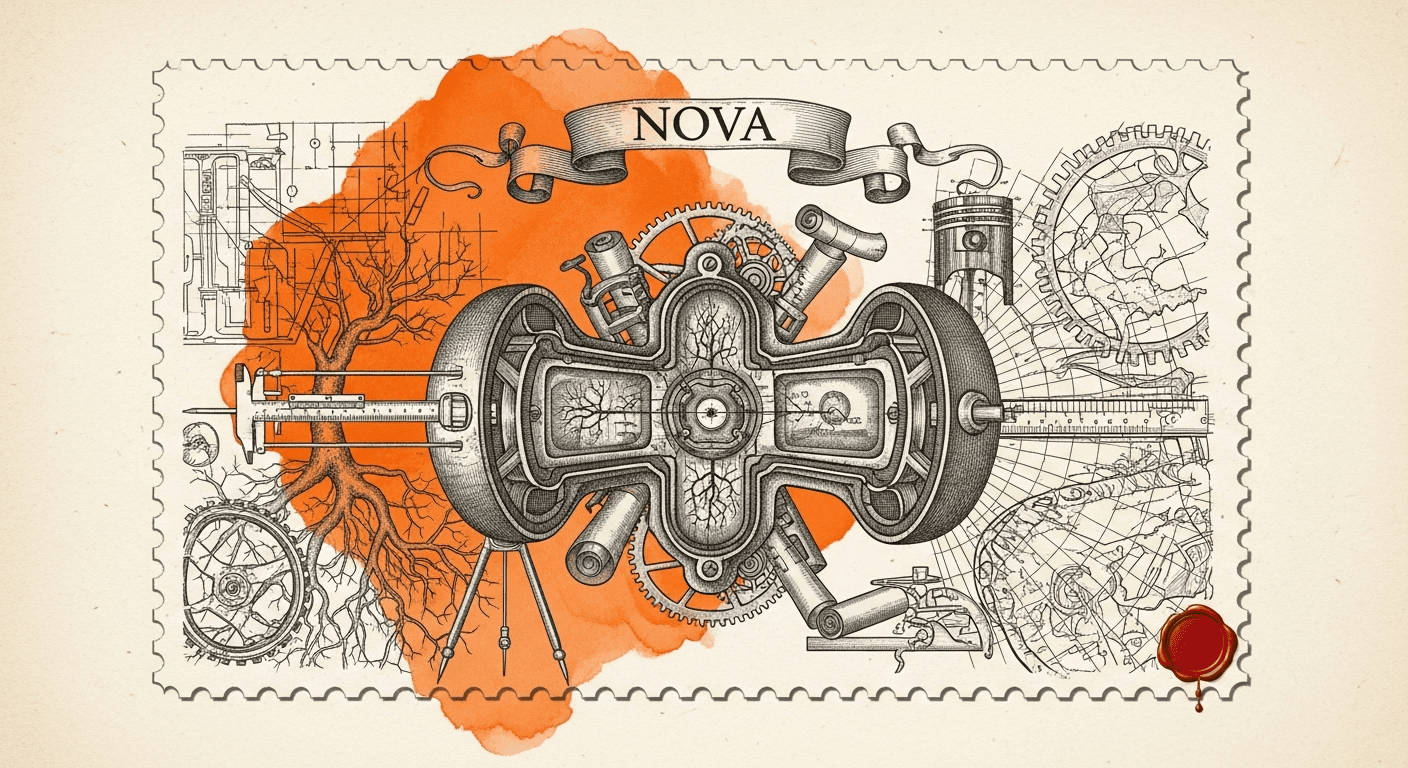 Giant Antique Postage Stamp style editorial illustration for the news article: Manufacturing intelligence with Amazon Nova Multimodal Embeddings