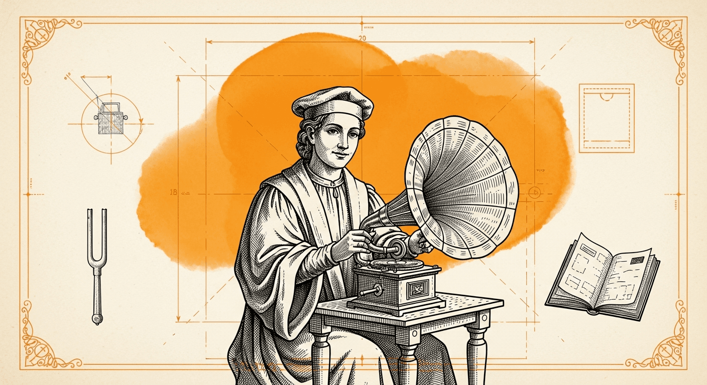 Old Book Frontispiece / Plate style editorial illustration for the article: Suno: The Complete Guide to AI Music (2026)