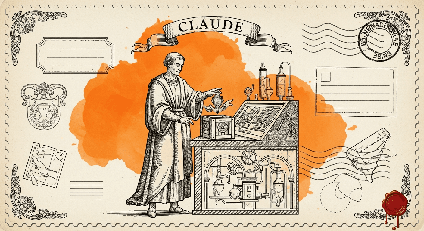 Giant Antique Postage Stamp style editorial illustration for the news article: Anthropic's Claude is now available on AWS Bedrock