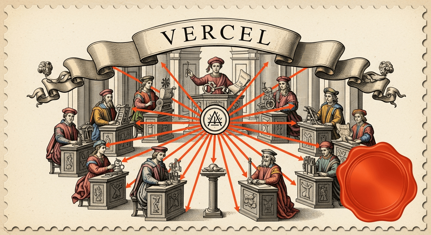 Giant Antique Postage Stamp style editorial illustration for the news article: Vercel AI Accelerator 2026 Demo Day features 39 teams pitching AI apps