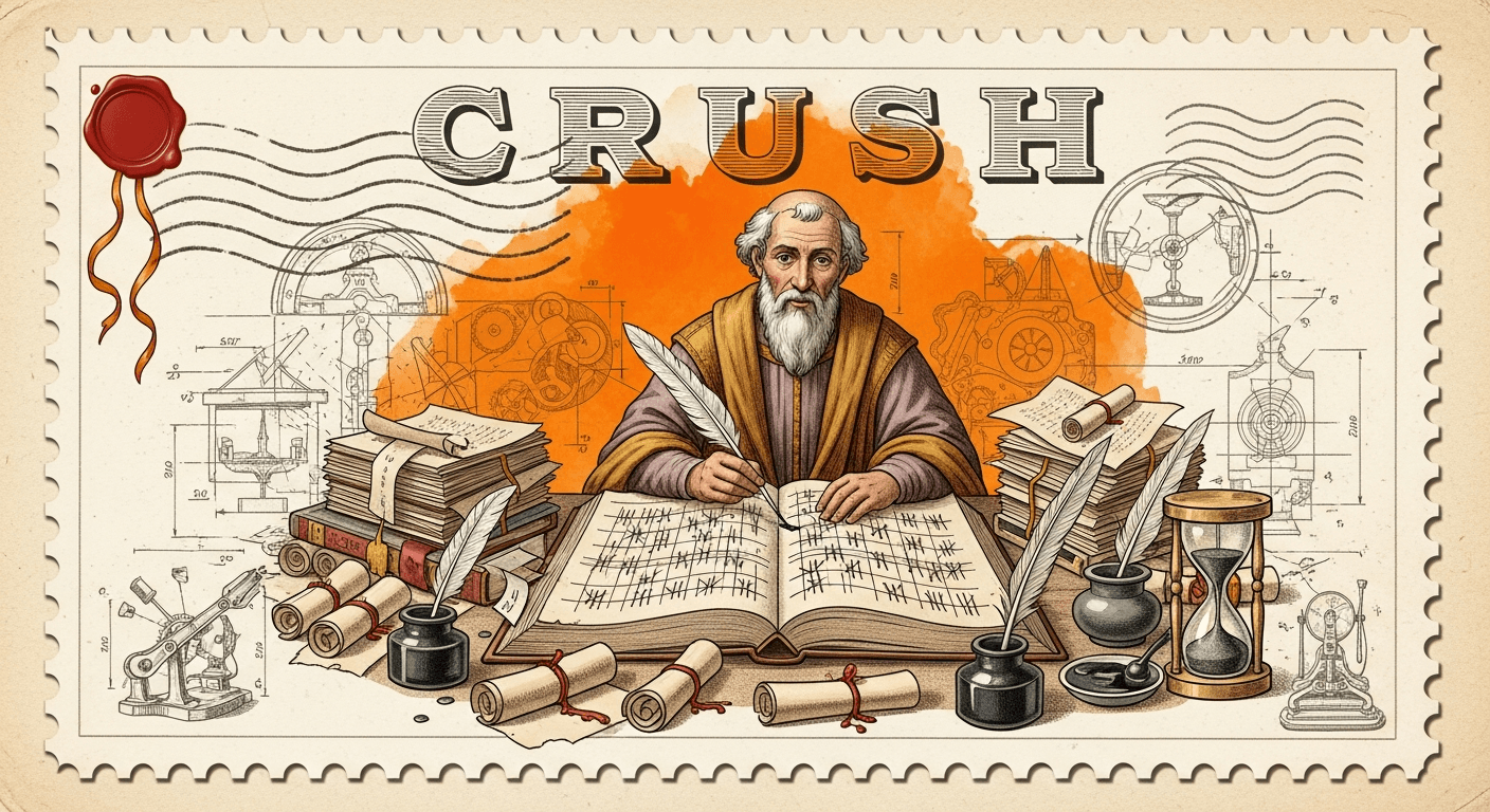 Giant Antique Postage Stamp style editorial illustration for the news article: Hollywood Screenwriter Completes 20 AI Training Gigs on Crush in 8 Mont