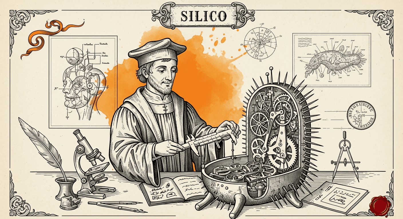 Pressed Ink Seal / Typewriter Imprint style editorial illustration for the news article: Goodfire releases Silico for LLM debugging via mechanistic in