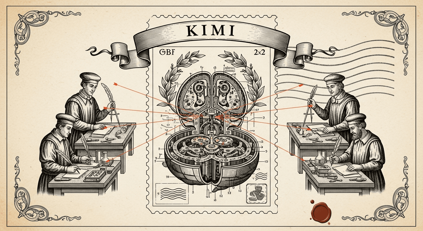Giant Antique Postage Stamp style editorial illustration for the news article: Moonshot AI Releases Open-Weight Kimi K2.6, Leads SWE-Bench Pro