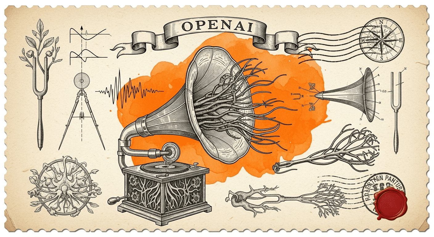 Giant Antique Postage Stamp style editorial illustration for the news article: OpenAI launches new voice intelligence features in its API