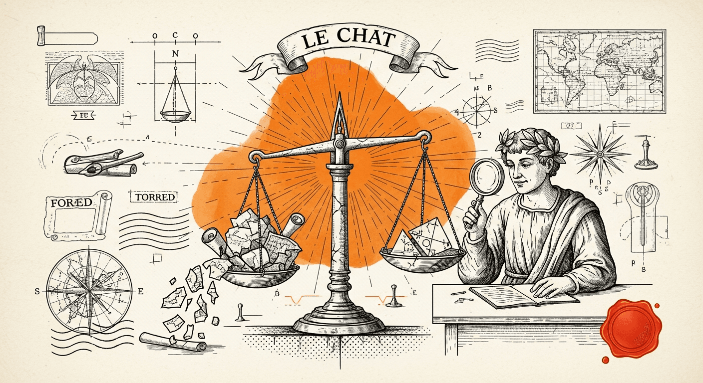 Blueprint Schematic + Renaissance Engraving Subject style editorial illustration for the news article: Le Chat repeats Iran war disinformation in 60% 