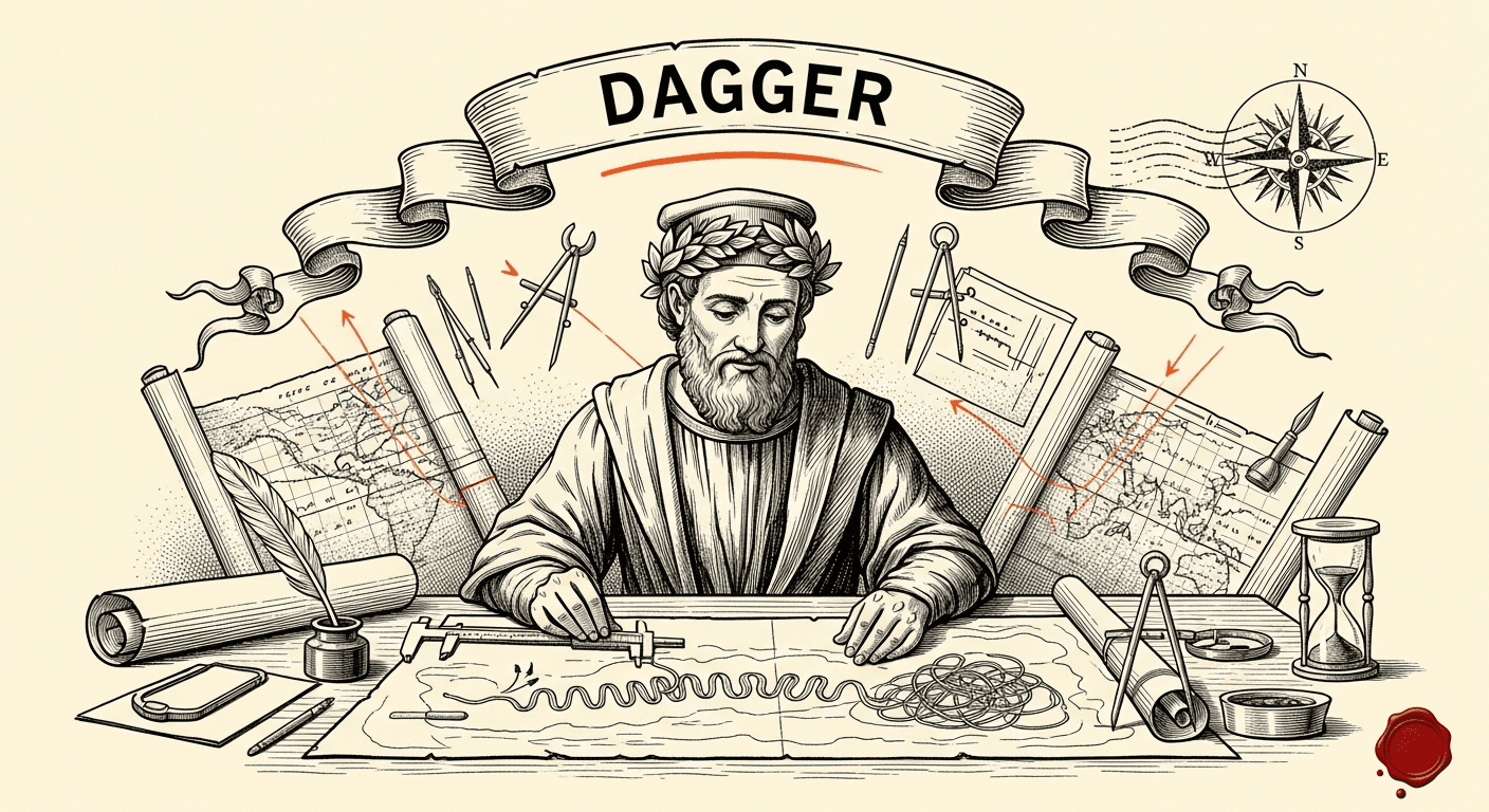 Pressed Ink Seal / Typewriter Imprint style editorial illustration for the news article: Research Revisits DAgger for Long-Horizon LLM Agents