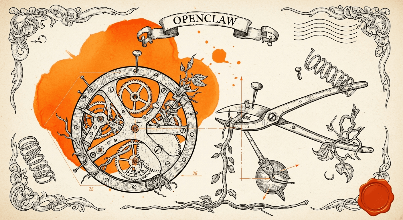 Museum Specimen Display Card style editorial illustration for the news article: OpenClaw 2026.4.20 adds session pruning, cron fixes, subagent reportin