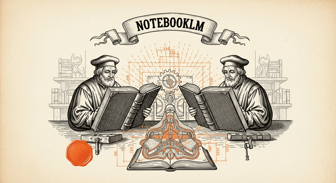 Pressed Ink Seal / Typewriter Imprint style editorial illustration for the news article: Google syncs NotebookLM and Gemini notebooks across apps
