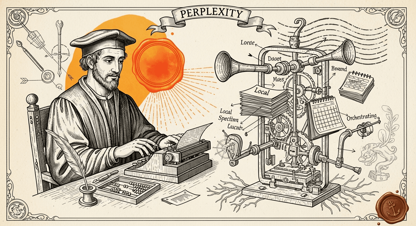 Pressed Ink Seal / Typewriter Imprint style editorial illustration for the news article: Perplexity launches Personal Computer for Mac with Opus 4.7, 
