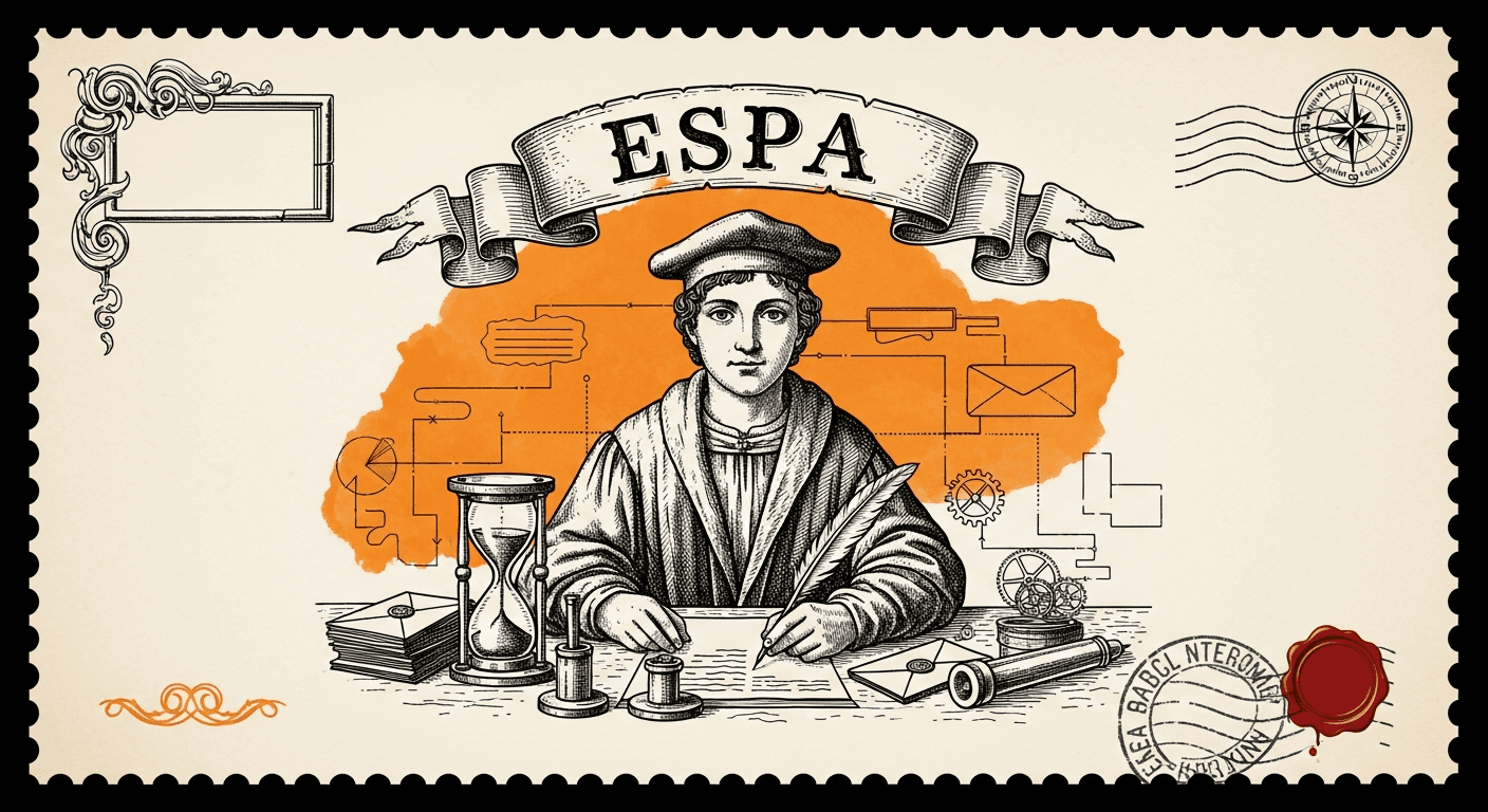 Giant Antique Postage Stamp style editorial illustration for the news article: Espa AI executive assistant for to-dos scheduling and email launches on