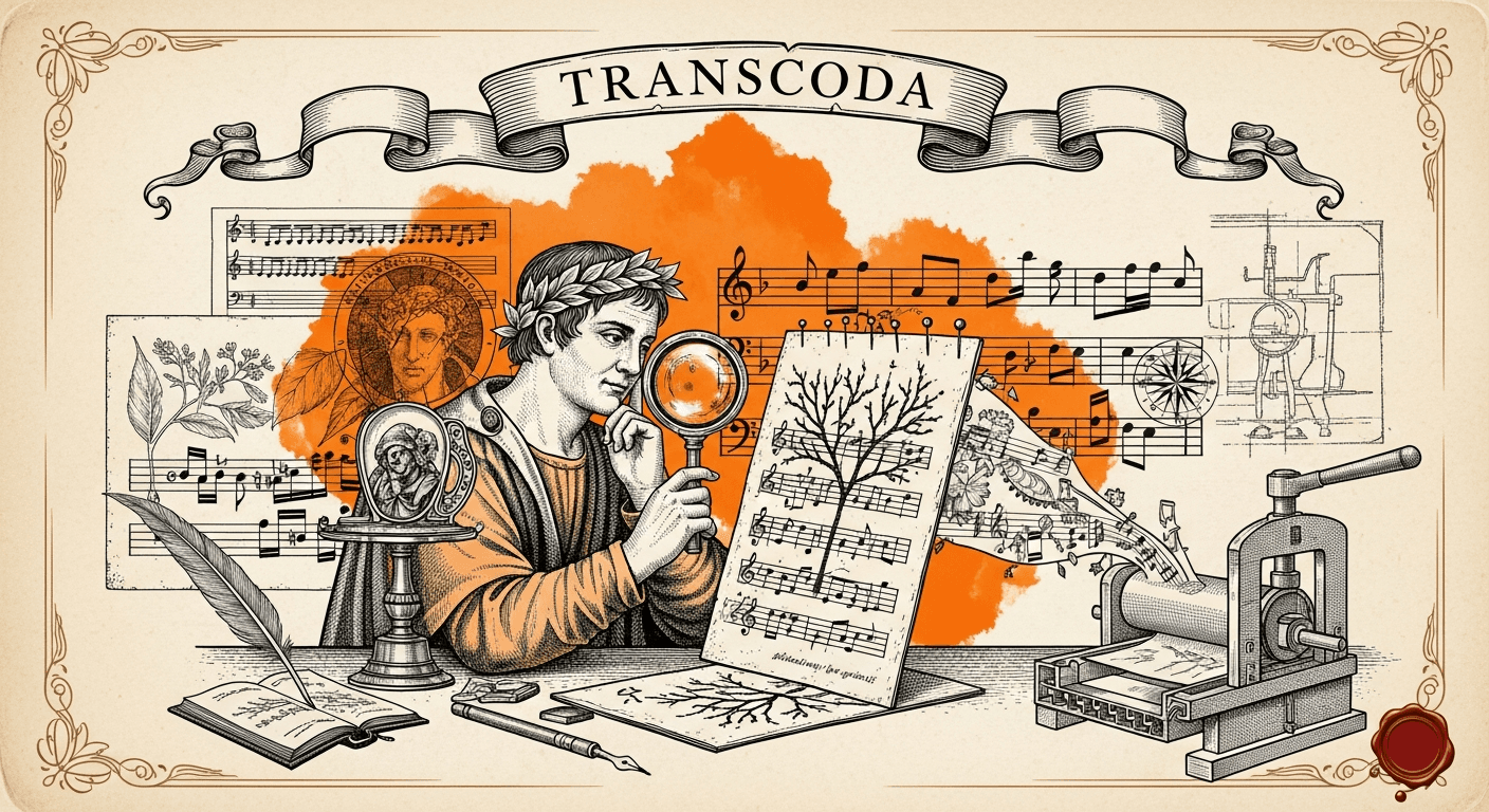 Pressed Ink Seal / Typewriter Imprint style editorial illustration for the news article: Transcoda Achieves Zero-Shot Optical Music Recognition via Sy