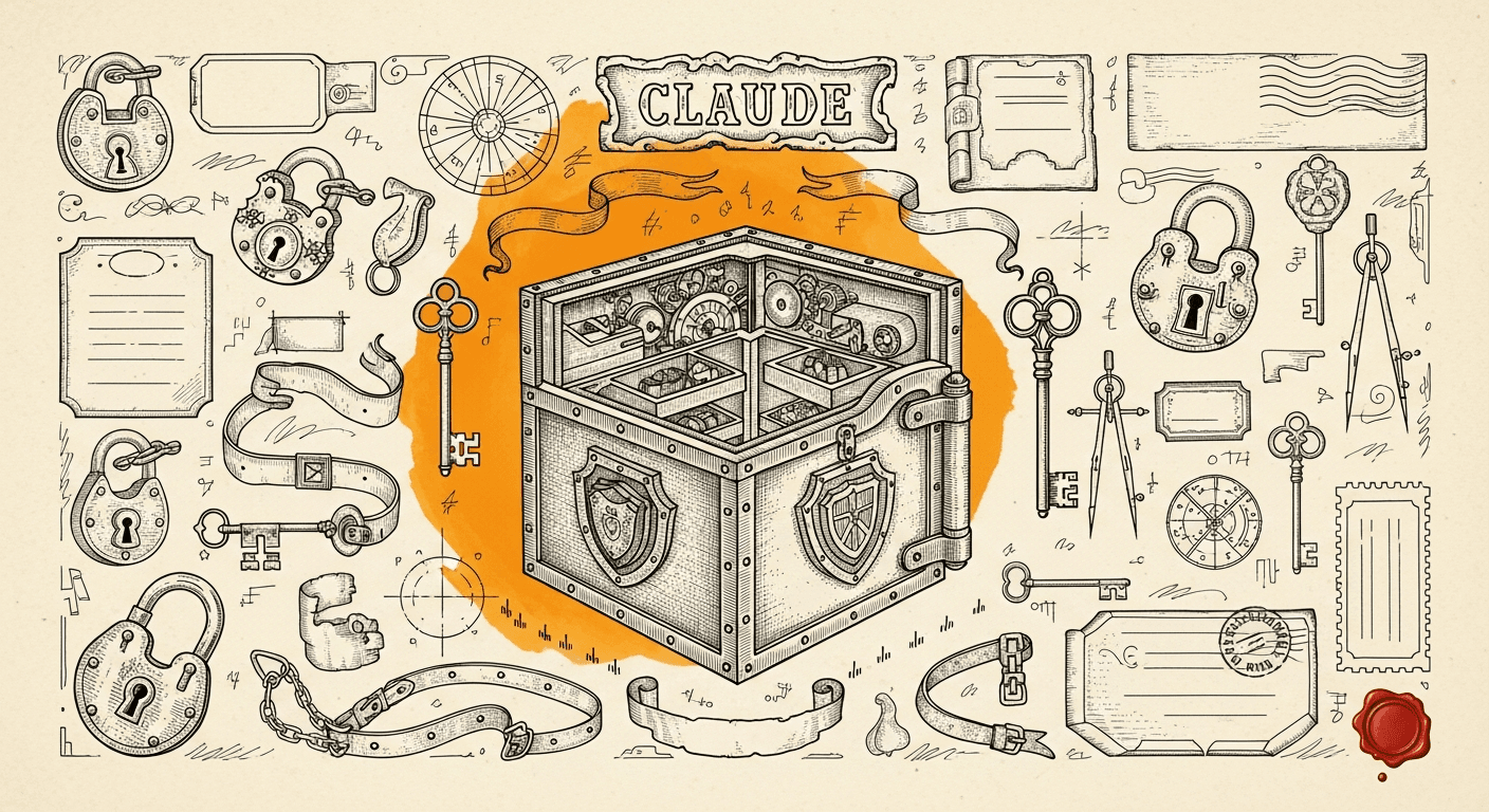 Pressed Ink Seal / Typewriter Imprint style editorial illustration for the news article: Claude-Code launches Suprbox for secure AI agent data storage