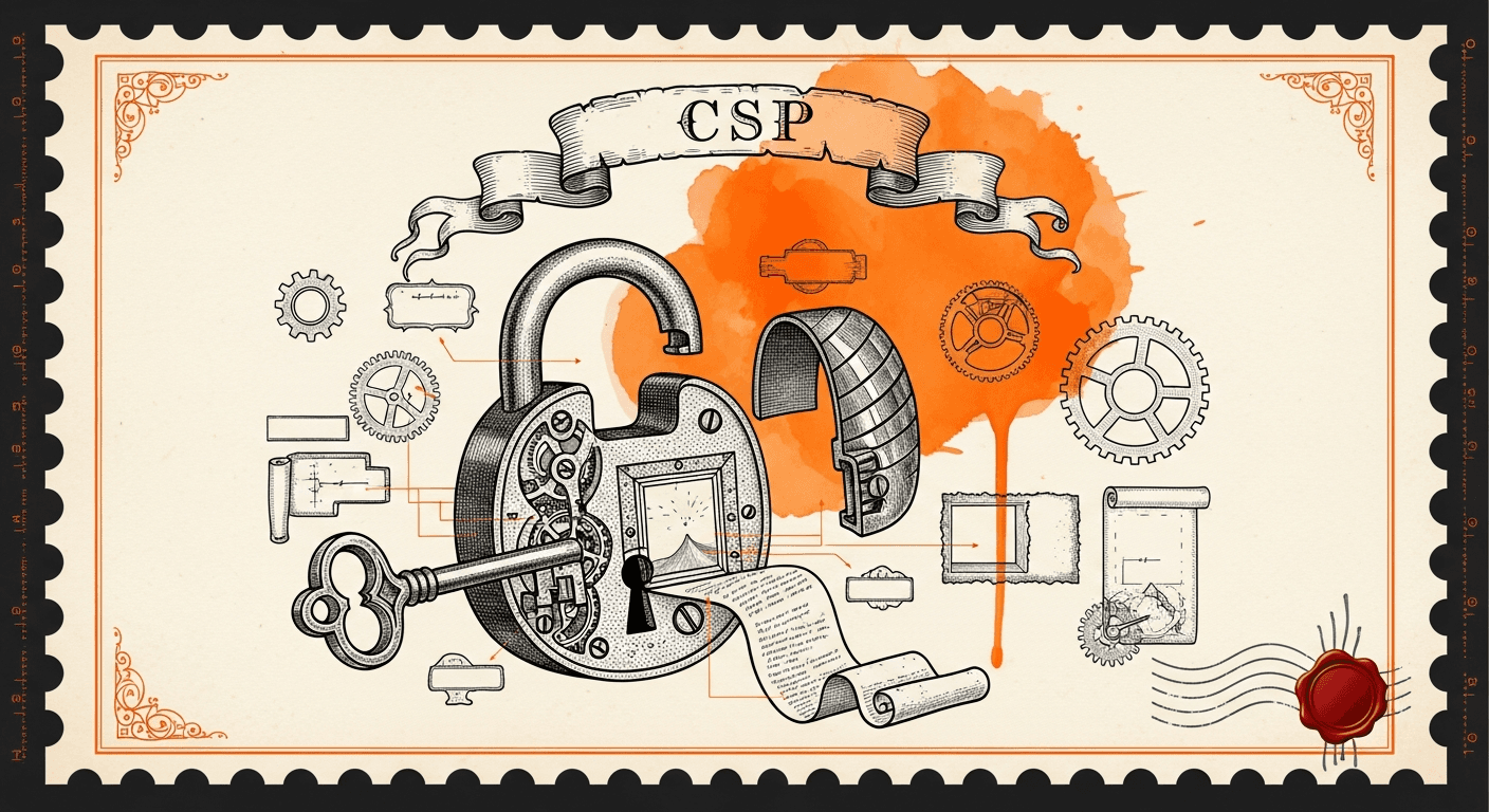 Giant Antique Postage Stamp style editorial illustration for the news article: CSP Allow-list experiment: a new way to fix iframe errors