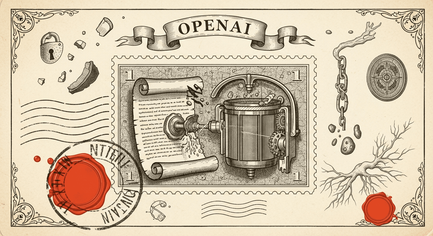 Giant Antique Postage Stamp style editorial illustration for the news article: OpenAI open-sources Privacy Filter model to redact text PII