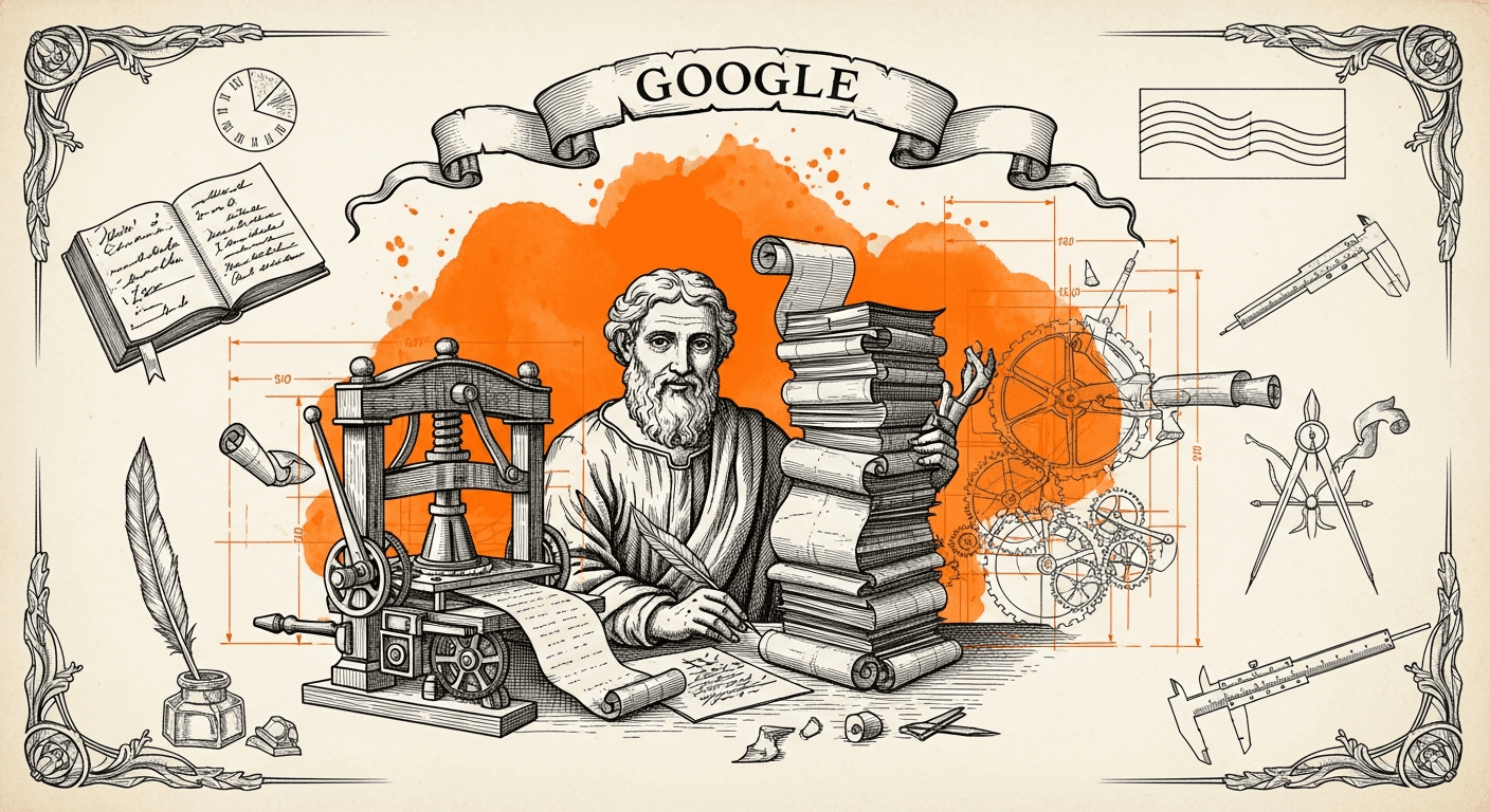 Blueprint Schematic + Renaissance Engraving Subject style editorial illustration for the news article: Google reports AI generates 75% of its new code