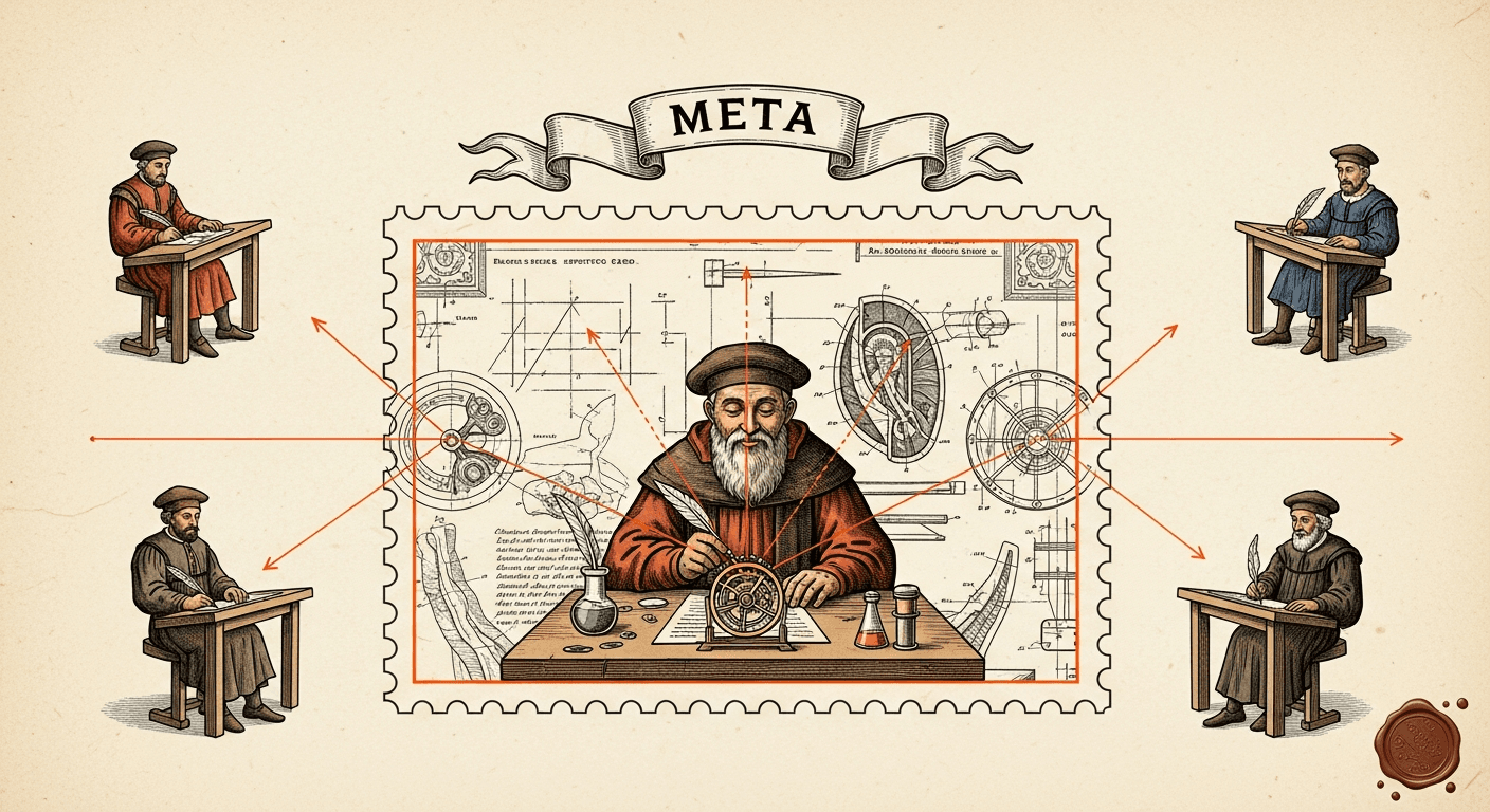 Giant Antique Postage Stamp style editorial illustration for the news article: Meta deploys software to track US employee inputs for AI training