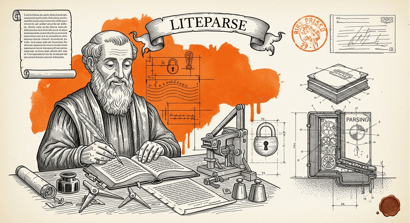 Pressed Ink Seal / Typewriter Imprint style editorial illustration for the news article: Browser-based LiteParse extracts PDF text without servers