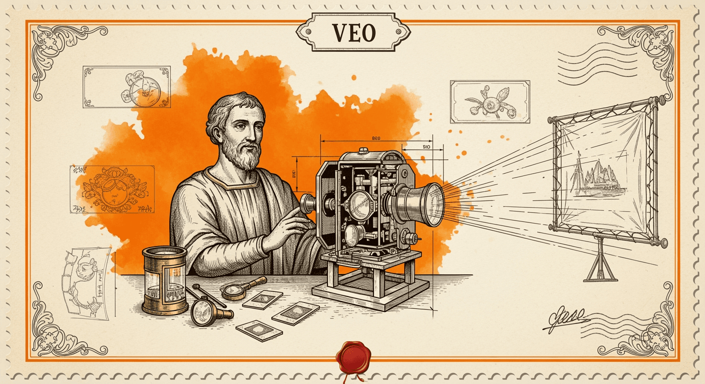 Giant Antique Postage Stamp style editorial illustration for the news article: Google DeepMind's Veo 3.1 video model launches on Fal