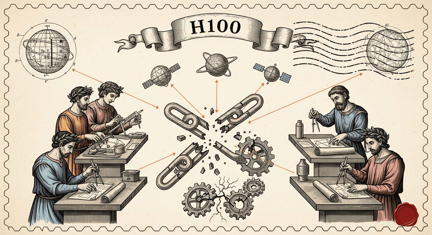 Giant Antique Postage Stamp style editorial illustration for the news article: Five AI supply chain leaders discuss challenges at Milken Conference