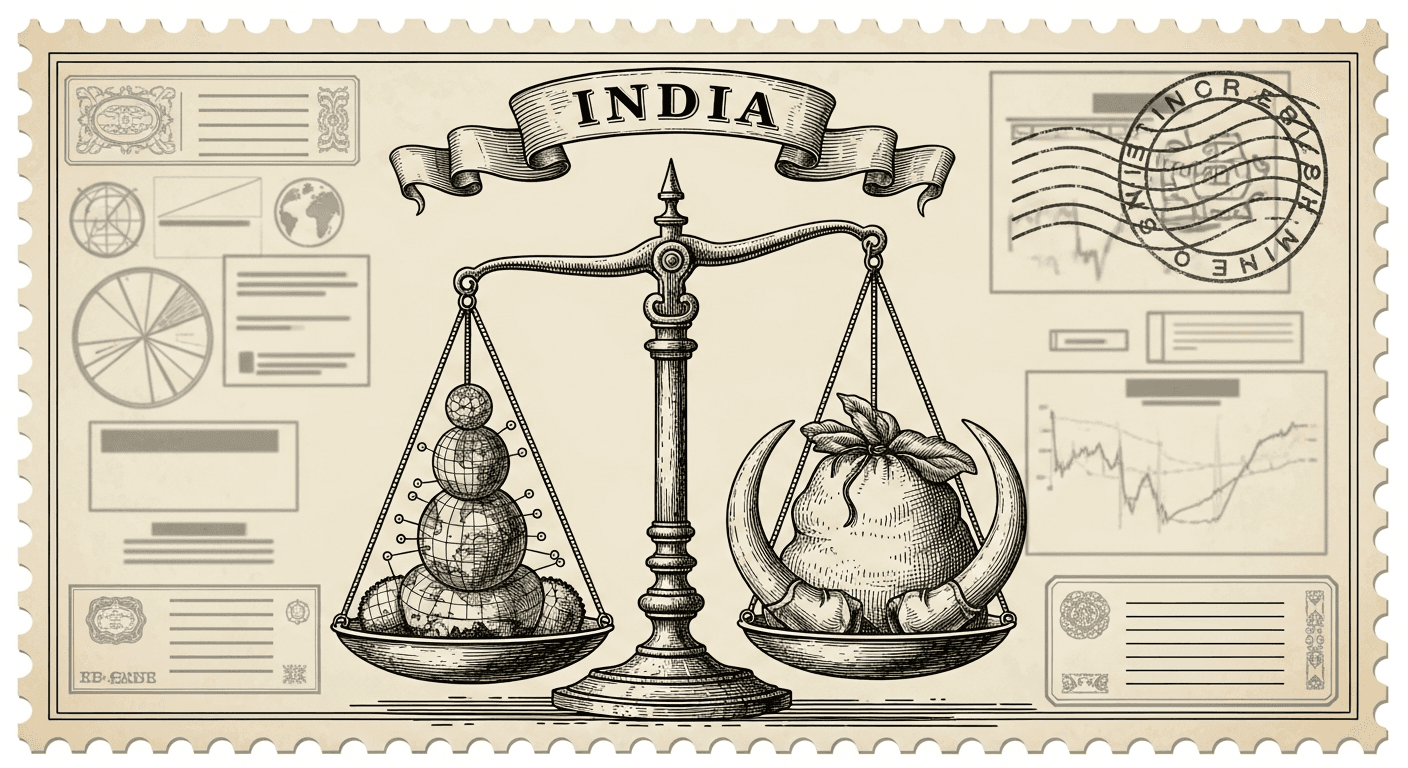 Giant Antique Postage Stamp style editorial illustration for the news article: India app market grows via AI and streaming, global platforms gain most