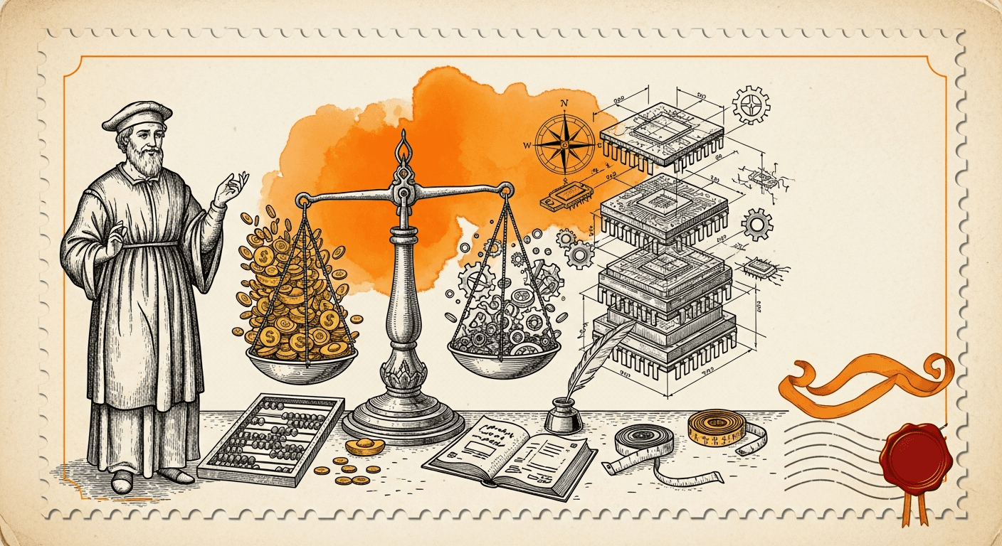 Giant Antique Postage Stamp style editorial illustration for the news article: ByteDance raises 2026 AI spend to over $30 billion, turns to Chinese ch