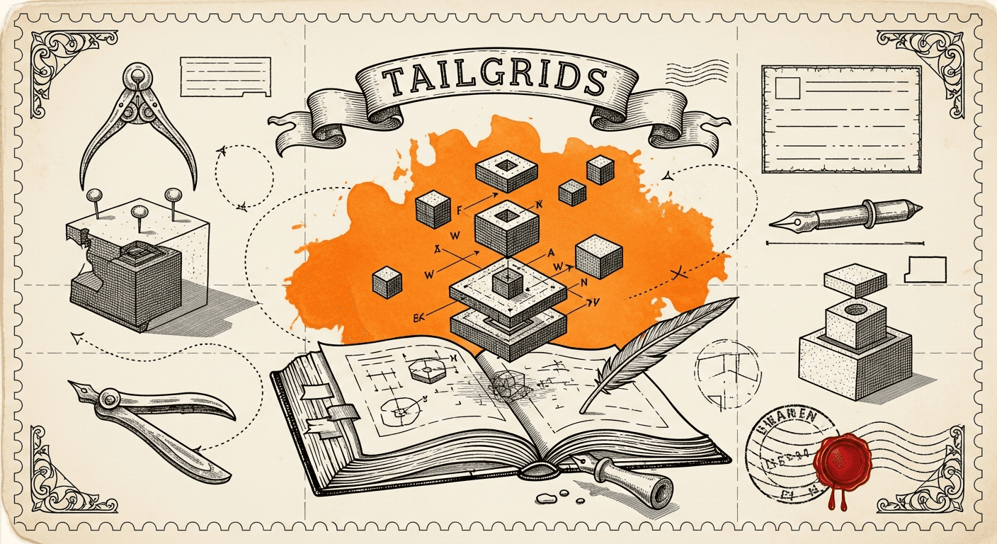 Giant Antique Postage Stamp style editorial illustration for the news article: Tailgrids 3.0 open-source React UI library launches on Product Hunt