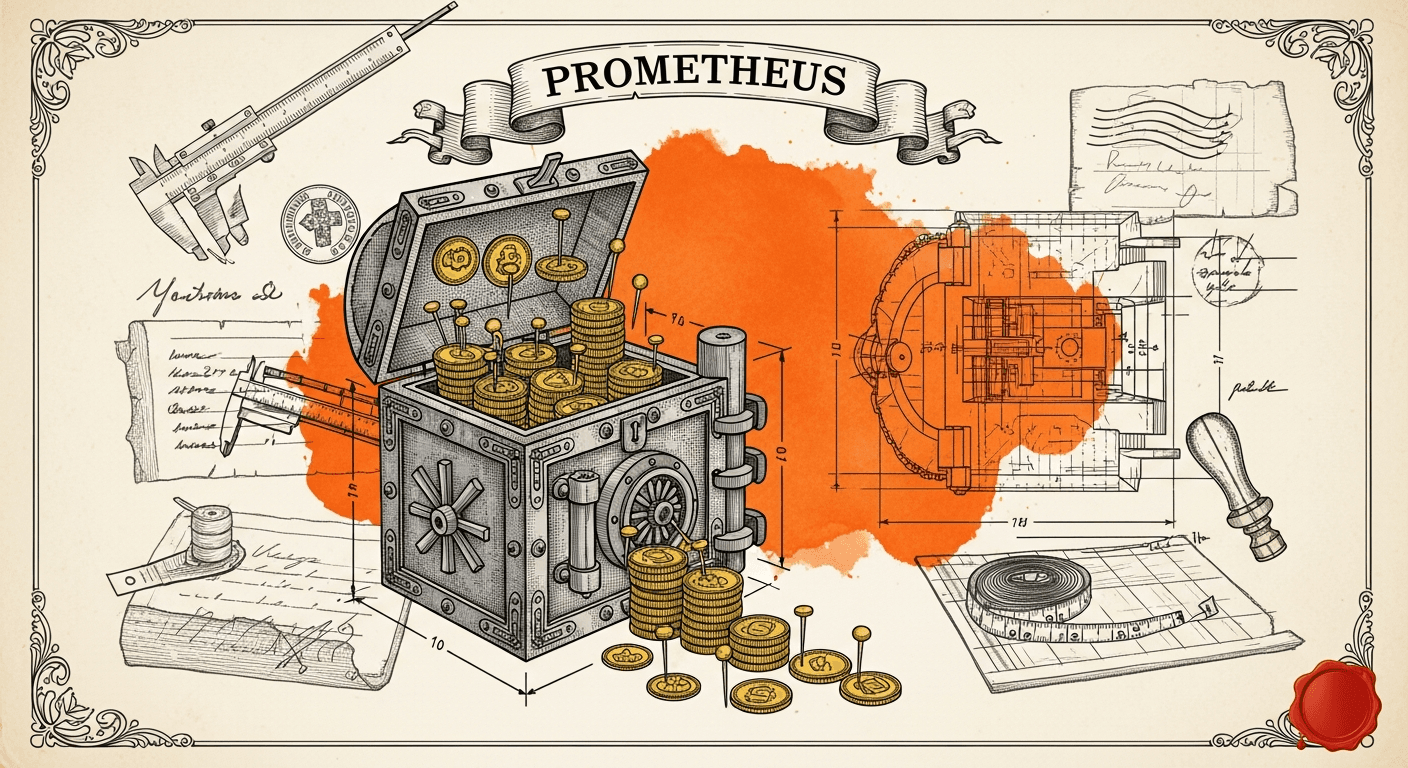 Museum Specimen Display Card style editorial illustration for the news article: Jeff Bezos Nears $10B Funding for Project Prometheus AI Lab