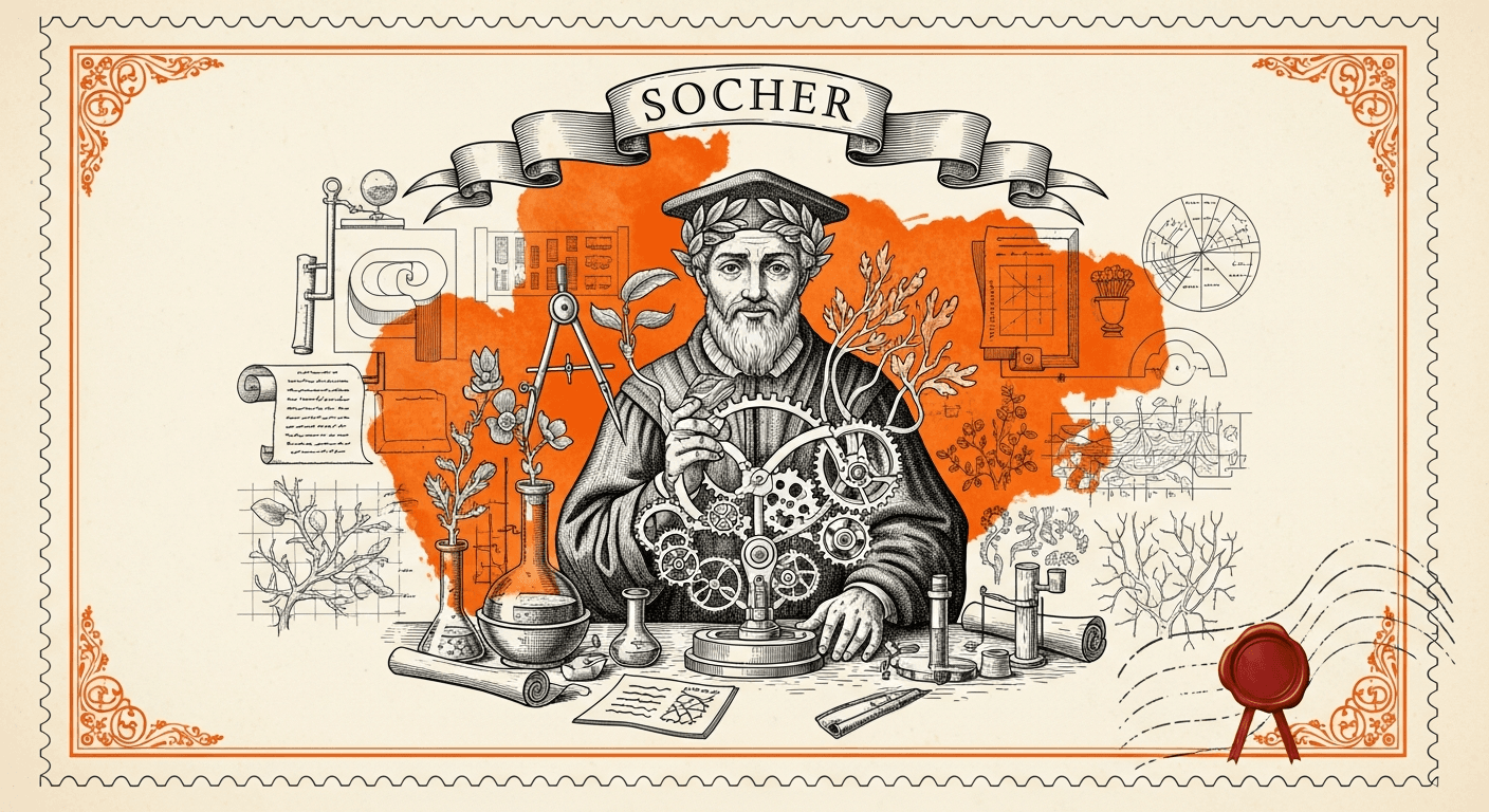Giant Antique Postage Stamp style editorial illustration for the news article: Richard Socher launches a $650M startup for self-improving AI