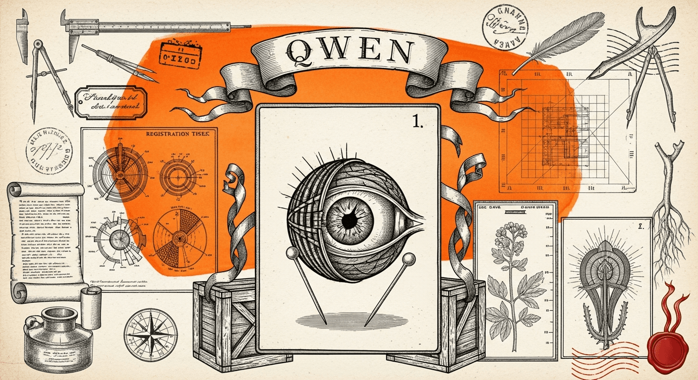 Pressed Ink Seal / Typewriter Imprint style editorial illustration for the news article: Alibaba releases Qwen-Image-VAE 2.0: a new image compression 