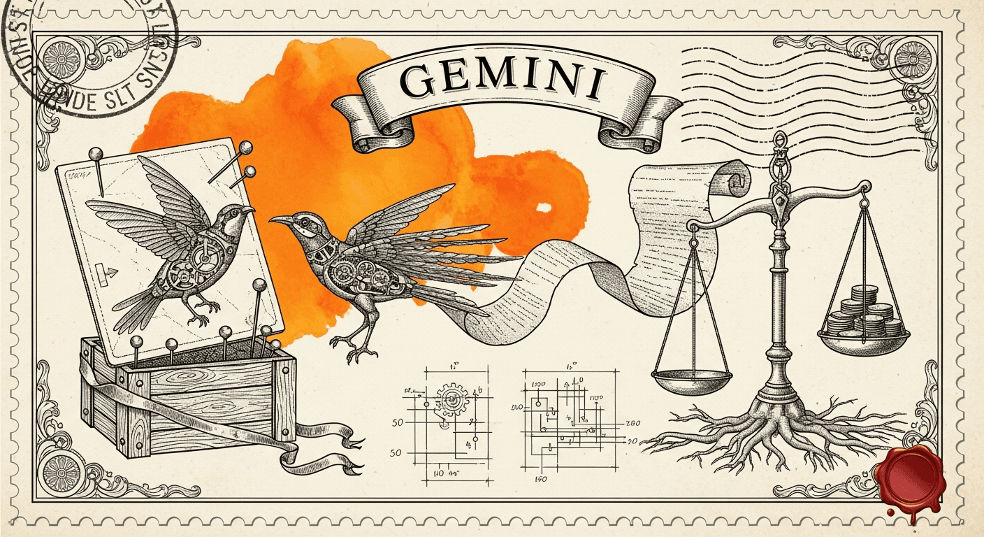 Giant Antique Postage Stamp style editorial illustration for the news article: Google's Gemini 3.1 Flash Lite Model Now Available on OpenRouter