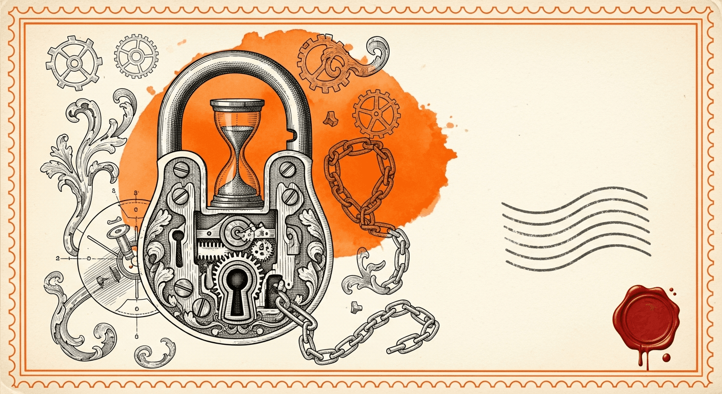Giant Antique Postage Stamp style editorial illustration for the news article: Vercel launches Trusted Sources to secure your deployments