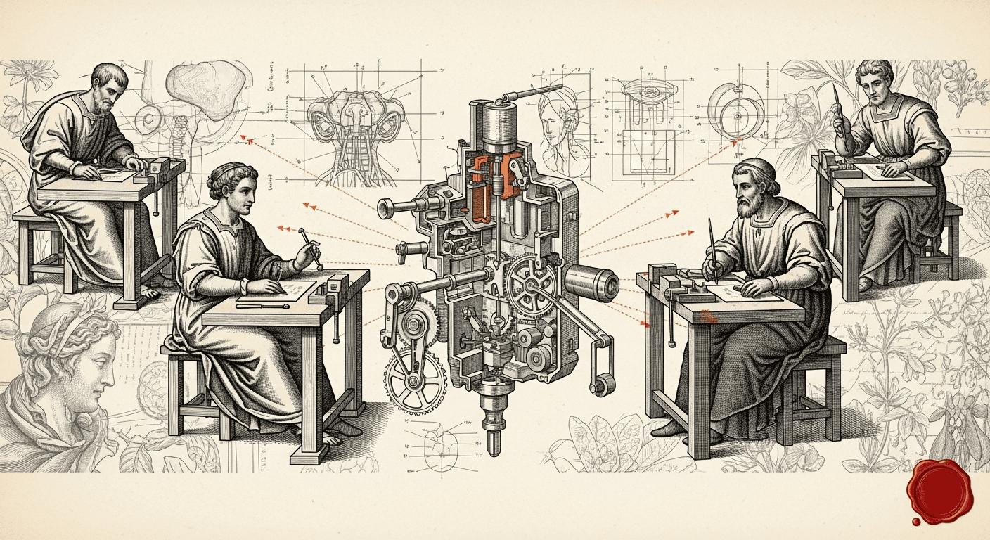 Antique Anatomical / Mechanical Diagram style editorial illustration for the news article: Cursor Router and iPad app, Claude Code 2.1 series with Opu
