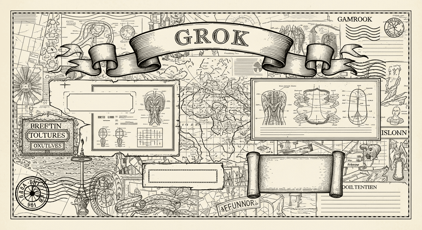 Pressed Ink Seal / Typewriter Imprint style editorial illustration for the news article: X Launches Grok-Powered Custom Feeds Replacing Communities