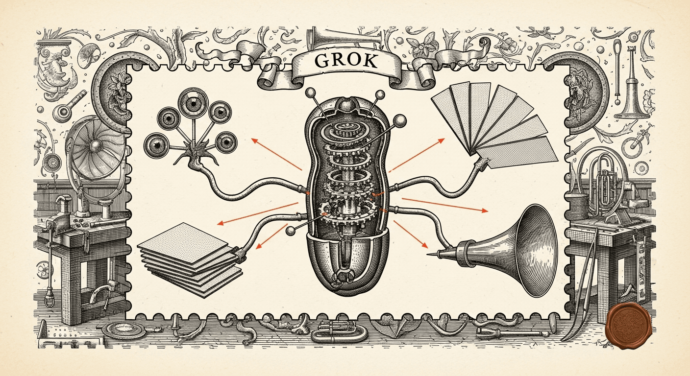 Giant Antique Postage Stamp style editorial illustration for the news article: xAI releases Grok 4.3 Beta with video understanding, slide creation, Sp