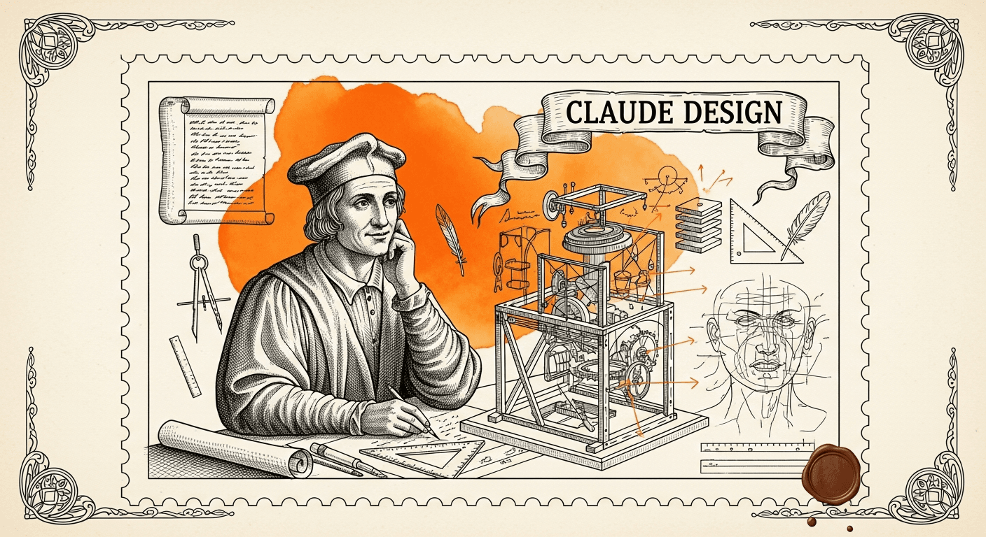 Giant Antique Postage Stamp style editorial illustration for the news article: Anthropic launches Claude Design for prototypes, slides, design systems