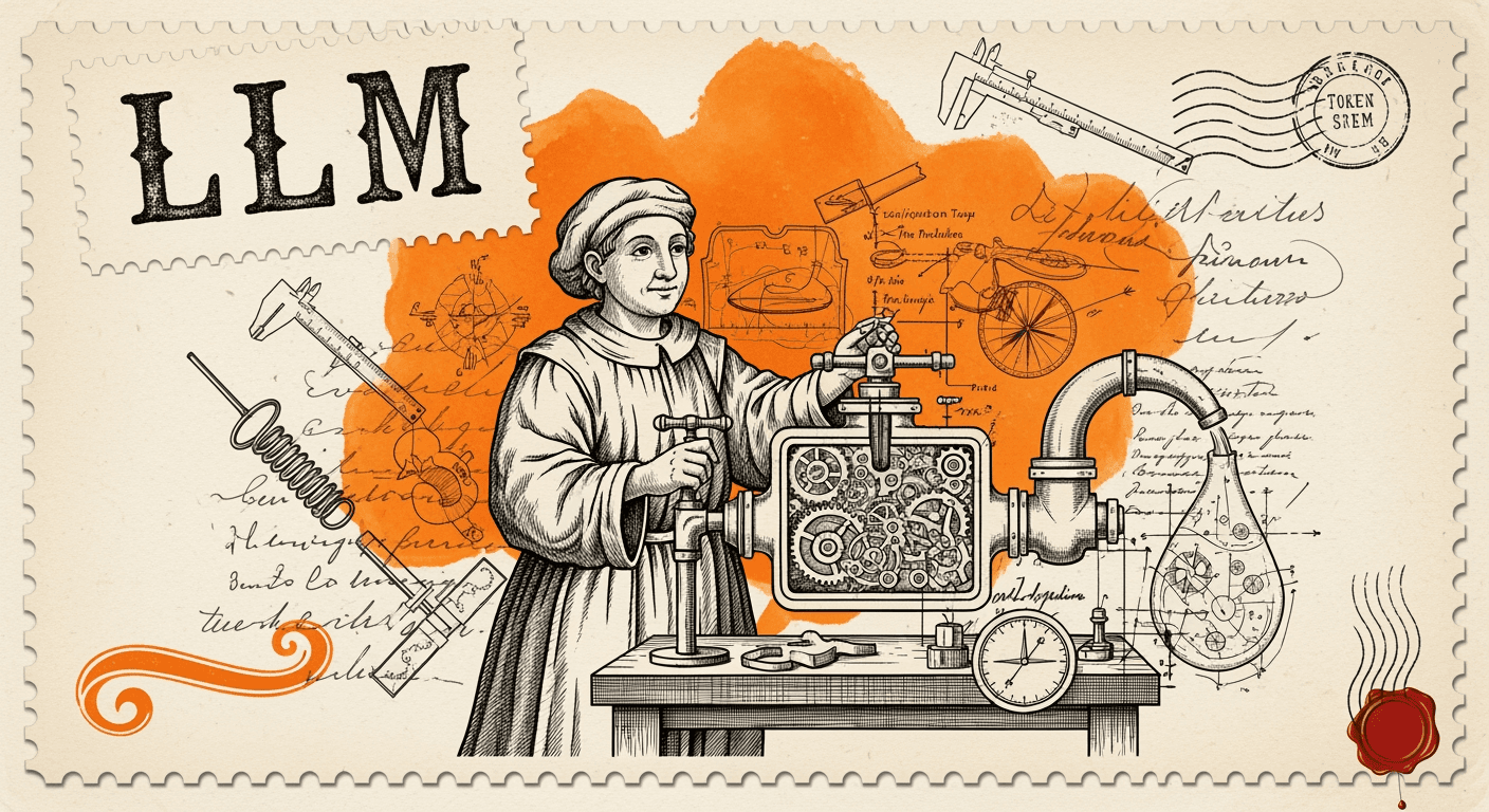 Giant Antique Postage Stamp style editorial illustration for the news article: Researchers Learn Disclosure Policies for LLM Reasoning Timing