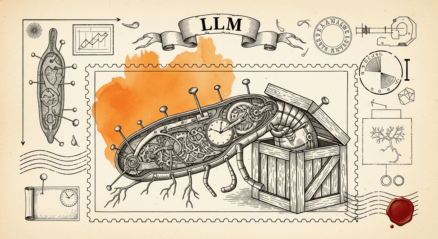 Giant Antique Postage Stamp style editorial illustration for the news article: llm version adds OpenAI /v1/responses endpoint support (0.32a2)