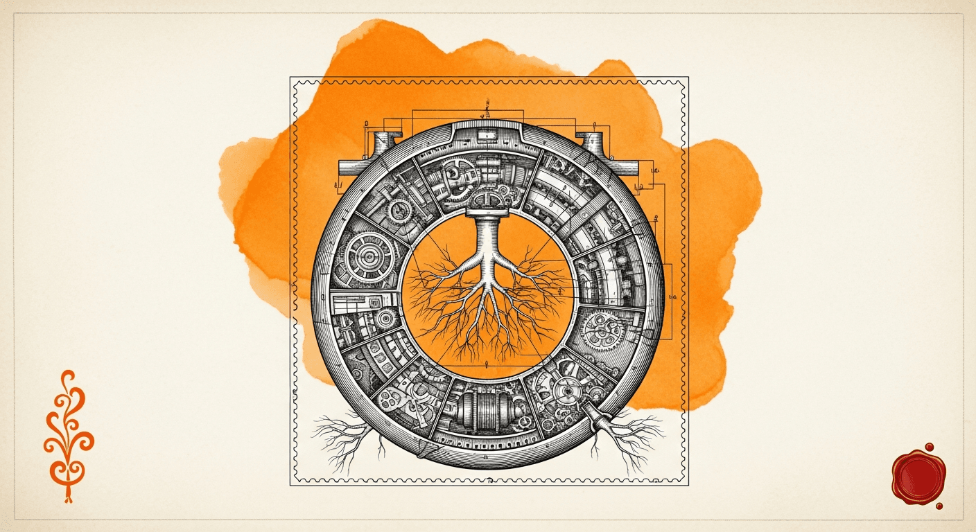 Giant Antique Postage Stamp style editorial illustration for the news article: InclusionAI Ring-2.6-1T (free, 262k context) now on OpenRouter