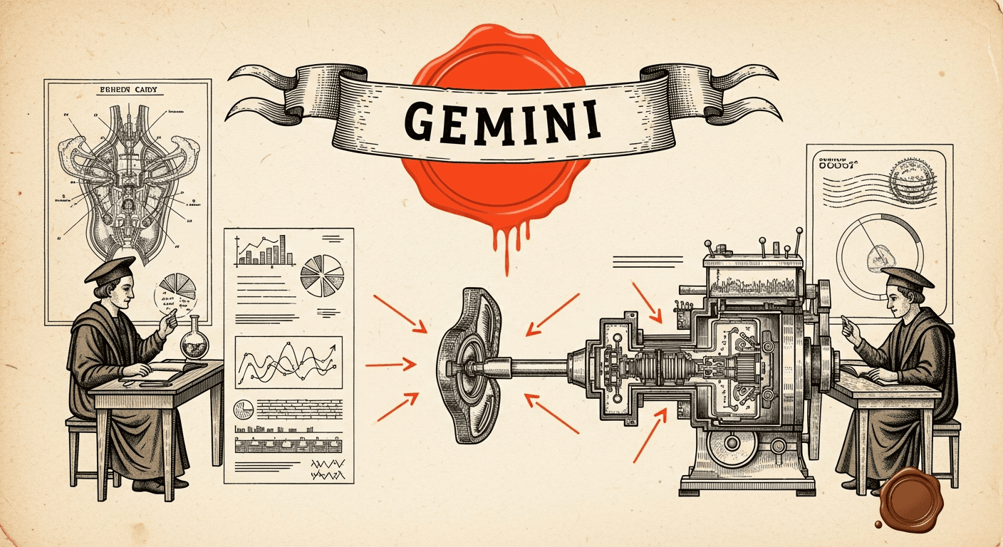 Pressed Ink Seal / Typewriter Imprint style editorial illustration for the news article: Google Launches Deep Research Max in Gemini