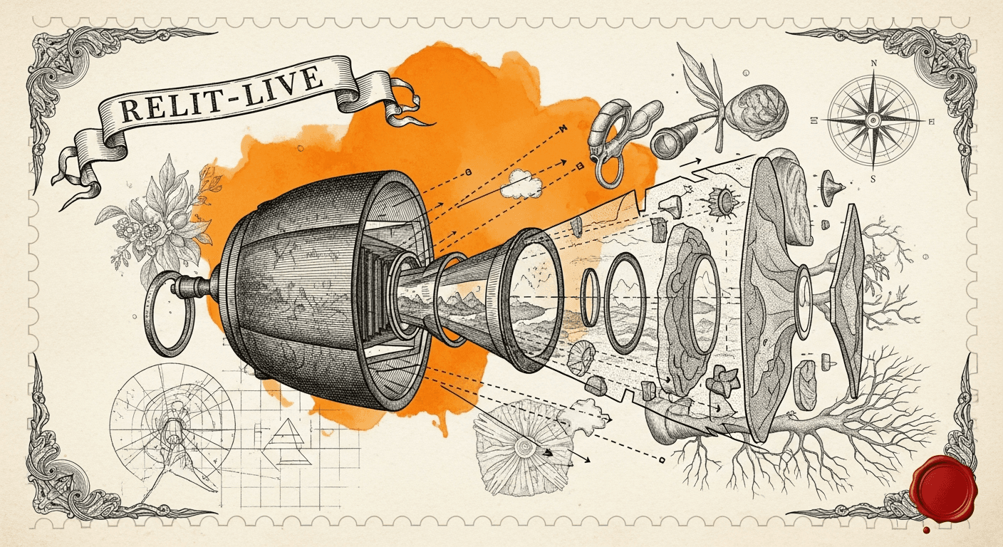 Giant Antique Postage Stamp style editorial illustration for the news article: Relit-LiVE Enables Video Relighting via Joint Environment Video Learnin