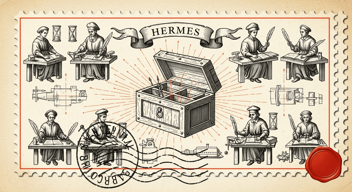 Giant Antique Postage Stamp style editorial illustration for the news article: Hermes Agent v0.6.0 Ships Profiles, MCP Mode, Docker Container
