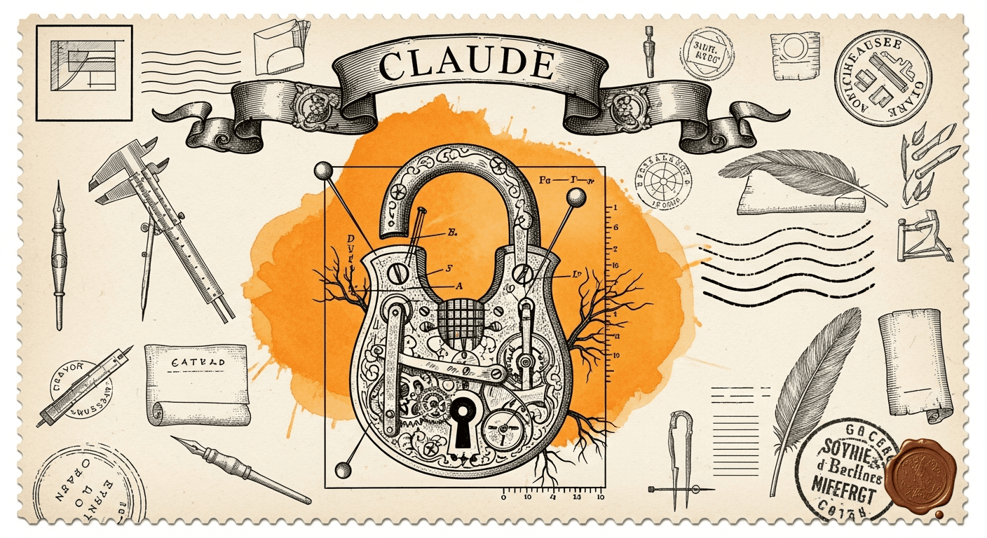 Giant Antique Postage Stamp style editorial illustration for the news article: Anthropic launches Claude Opus 4.7 with better coding, cyber safeguards