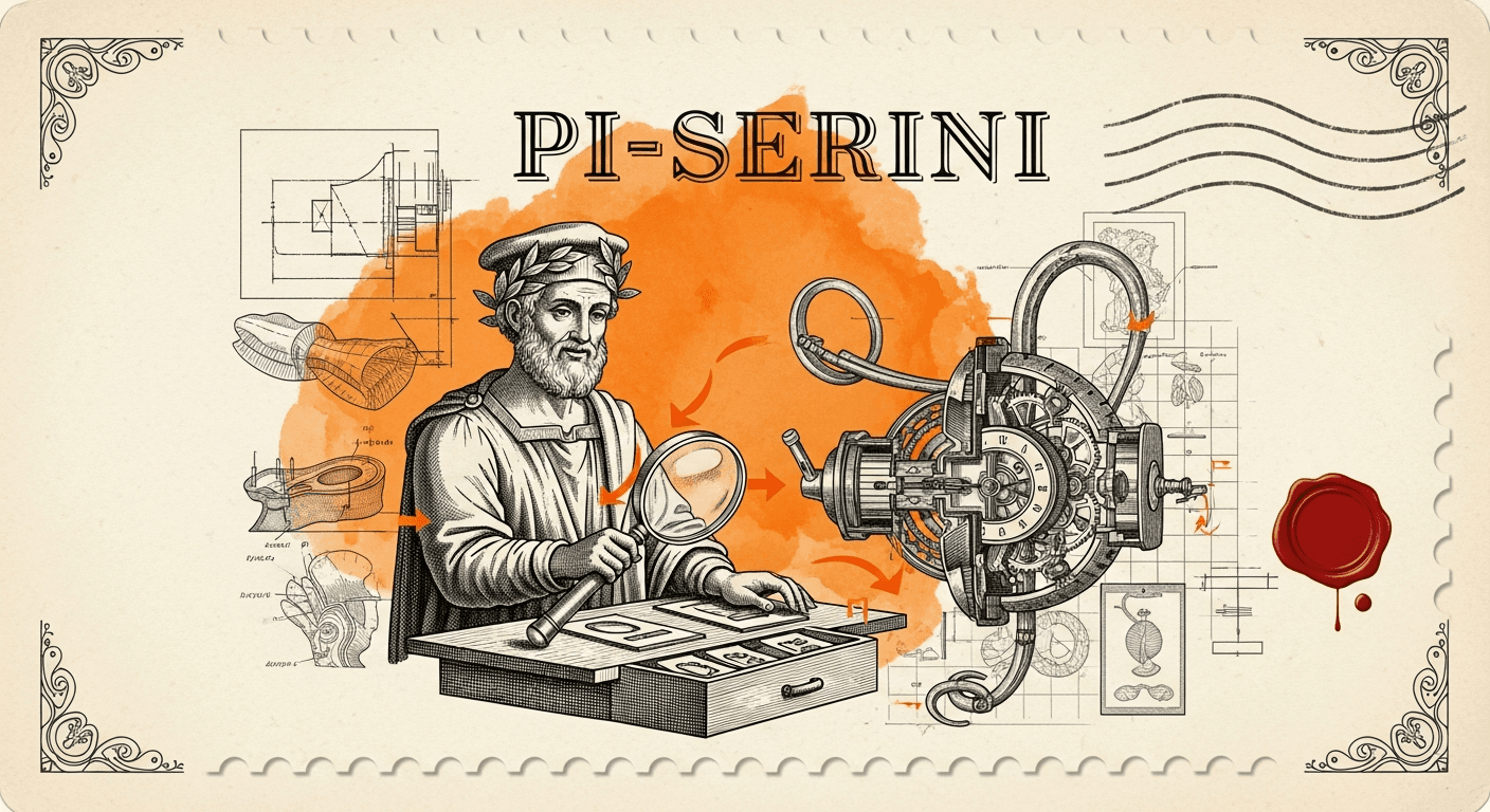 Giant Antique Postage Stamp style editorial illustration for the news article: Pi-Serini Pairs BM25 with Frontier LLMs for Agentic Search