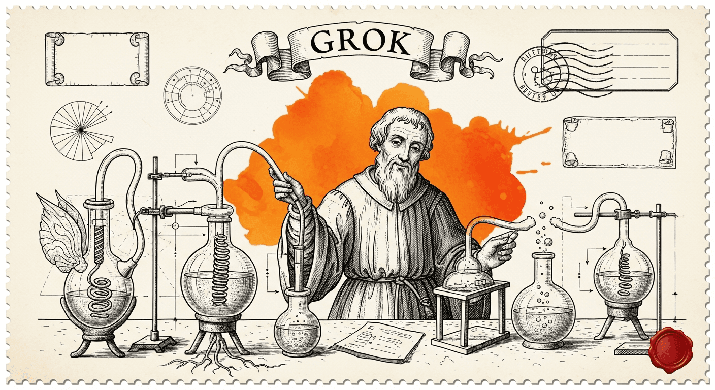 Giant Antique Postage Stamp style editorial illustration for the news article: Elon Musk Testifies xAI Trained Grok on OpenAI Models