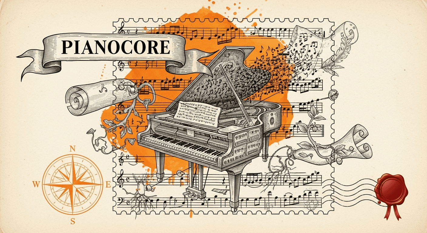 Giant Antique Postage Stamp style editorial illustration for the news article: PianoCoRe Releases Combined and Refined Piano MIDI Dataset