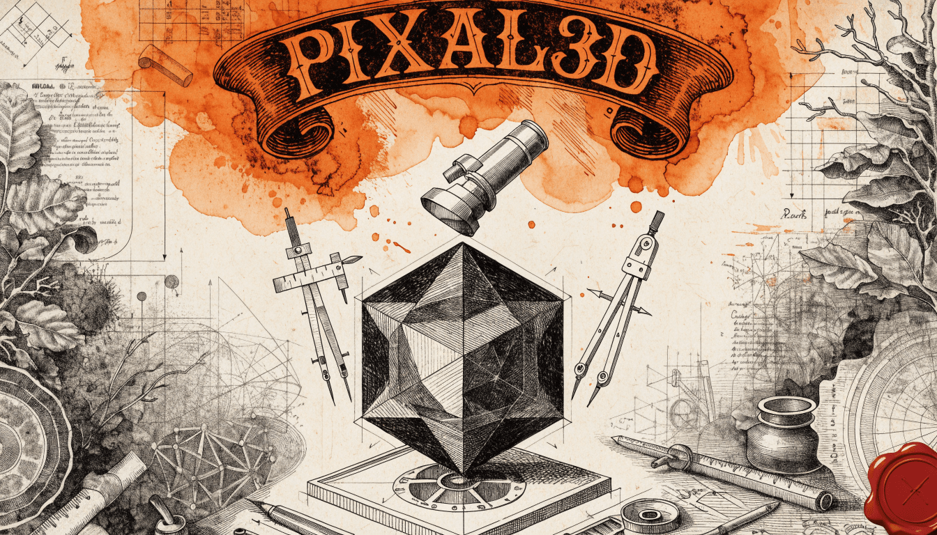 Pressed Ink Seal / Typewriter Imprint style editorial illustration for the news article: Researchers Release Pixal3D for Pixel-Aligned 3D Models from 