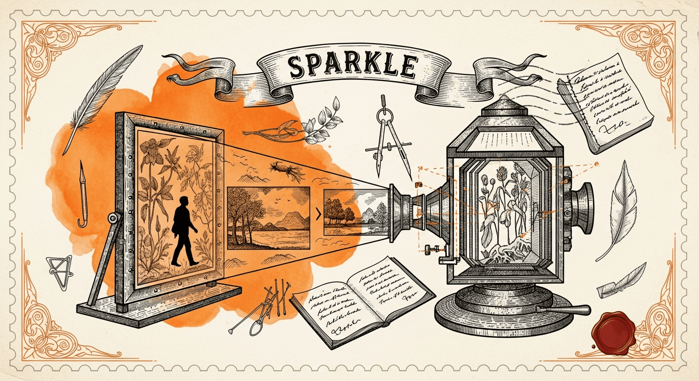 Giant Antique Postage Stamp style editorial illustration for the news article: Sparkle: an AI tool for instruction-guided video background replacement